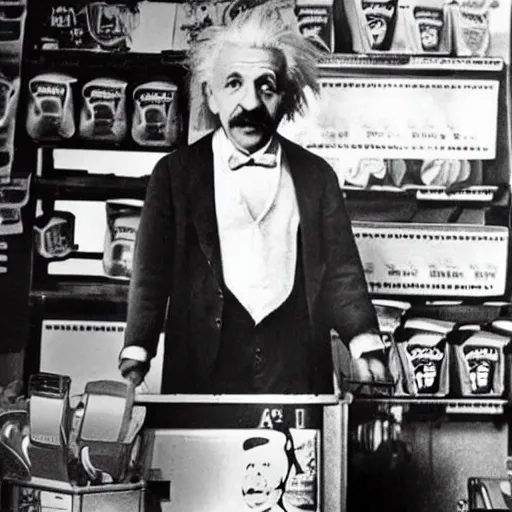 Image similar to vintage photo of albert einstein working at mcdonalds, circa 1 6 0 0, award - winning shot