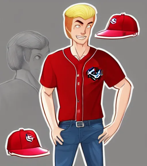 Prompt: tall white guy with short blonde beard wearing a nc state red baseball cap and red shirt full color digital illustration in the style of don bluth, artgerm, artstation trending, 4 k