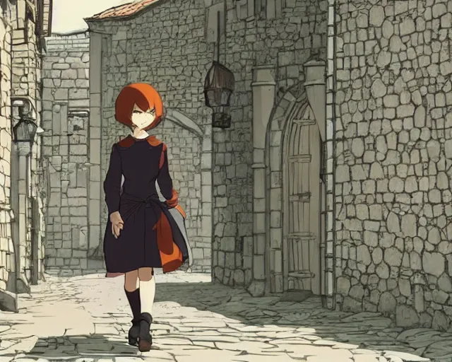 Image similar to anime still frame of a young female walking through a medieval village, dynamic pose, dynamic perspective, detailed silhouette, cel shaded, minimalist, simple, ilya kuvshinov face style