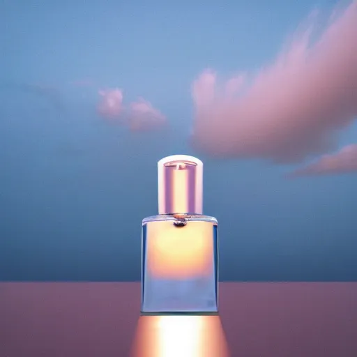 Image similar to airy bright perfume bottle floating in whispy clouds, with dreamy light blue sky and clouds in the background, softly - lit, soft - warm, zen, light, modern minimalist f 2 0 clean