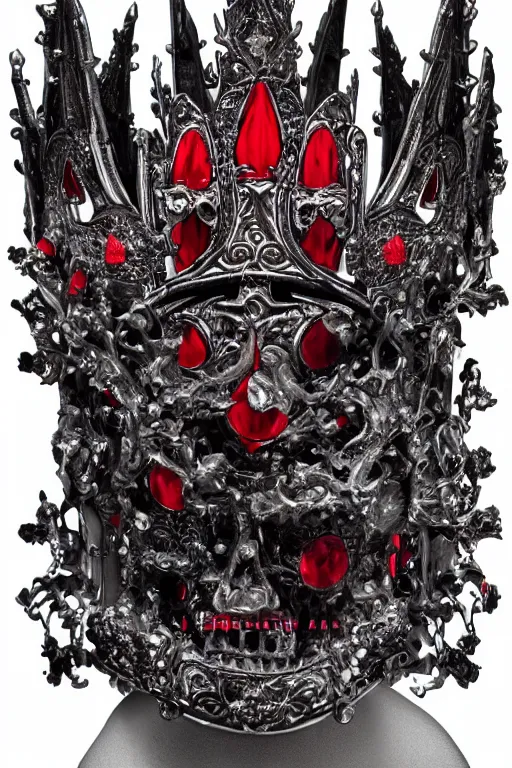 Image similar to a queen with half skull with an red crown, hints of silver jewelry, gothic, eerie, intricate detail, dramatic lighting, fire, red, 8 k