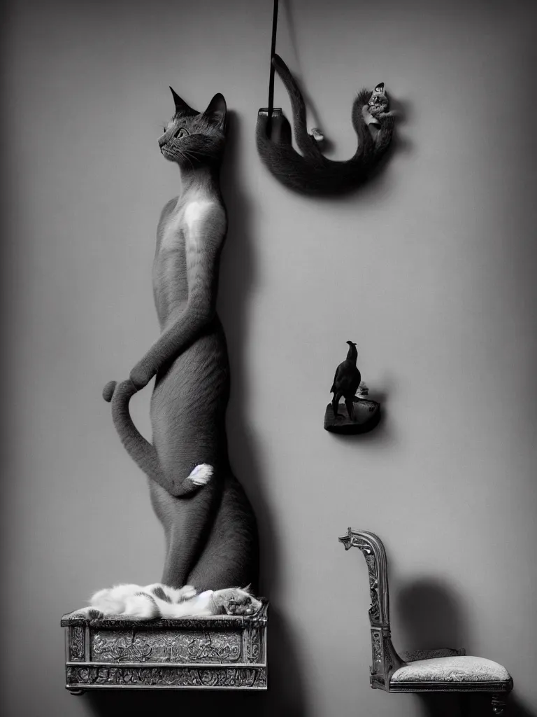 Image similar to old monochrom photography of a beautiful cat automato in a victorian decor, man ray, alfred ghisoland, gregory crewdson, miss aniela, erwin olaf, 4 k,