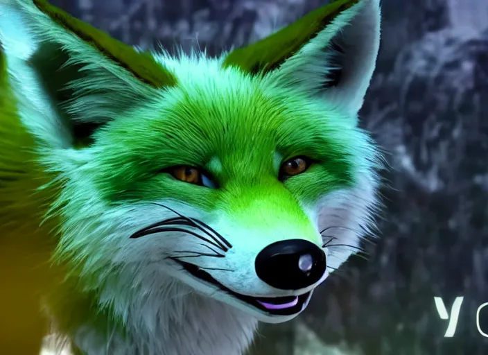 Prompt: muxy logo, nine tail bluish green fox, movie still, 8 k, realistic