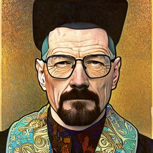 Prompt: detailed art of Walter White with hat and glasses, by Alphonse Mucha and Gustav Klimt