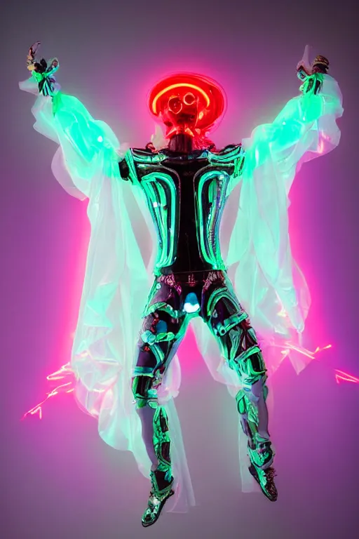 Image similar to full-body rococo and cyberpunk style mint neon and ceramic statue of a muscular attractive Spanish android god humanoid wearing a thing see-through plastic cloak sim roupa, posing like a super hero, suspended to the wall thick clear cables around his wrists, glowing mint face, crown of red steampunk lasers, emeralds, swirling silver silk fabric. futuristic elements. oozing glowing liquid, full-length view. space robots. human skulls. throne made of bones, intricate artwork by caravaggio. Trending on artstation, octane render, cinematic lighting from the right, hyper realism, octane render, 8k, depth of field, 3D