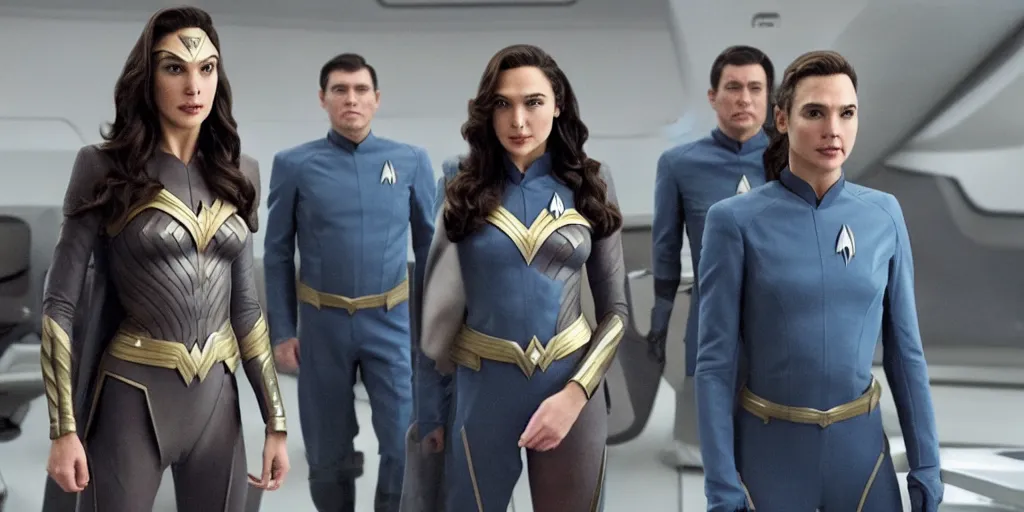 Image similar to gal gadot, in full starfleet uniform, is the captain of the starship enterprise in the new star trek movie