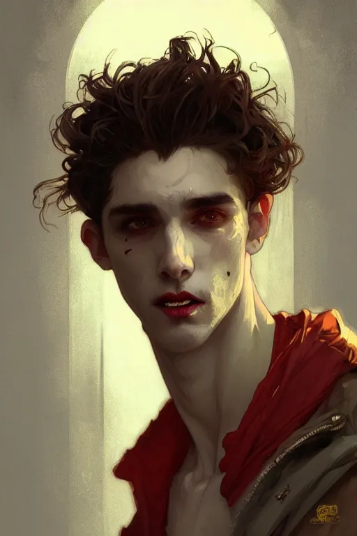 Image similar to portrait of a beautiful young fit male vampire with curly white hairs and yellow eyes, dressed with urban clothes, by greg rutkowski and alphonse mucha, d & d character, gradient white to red, modern nocturnal background, highly detailed portrait, digital painting, artstation, concept art, smooth, sharp focus ilustration, artstation hq