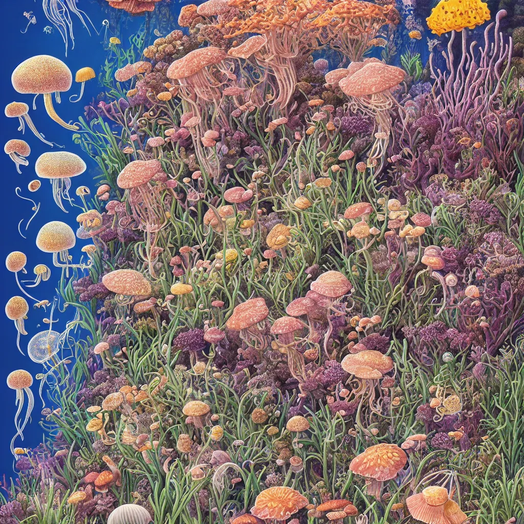 Image similar to highly detailed illustration of all the known species of plants, flowers, corals, mushrooms and jellyfish by juan gatti, by makoto shinkai, by moebius!, by oliver vernon