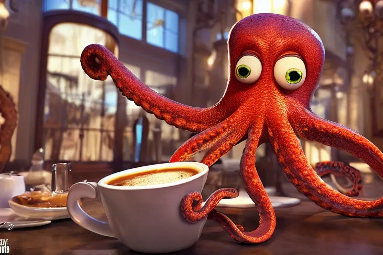 Image similar to Angry little octopus threaten with a fist from a cup of coffee in beautiful morning café in Paris. Pixar Disney 4K 3d render funny animation movie Oscar winning trending on ArtStation and Behance. Oscar Award winner