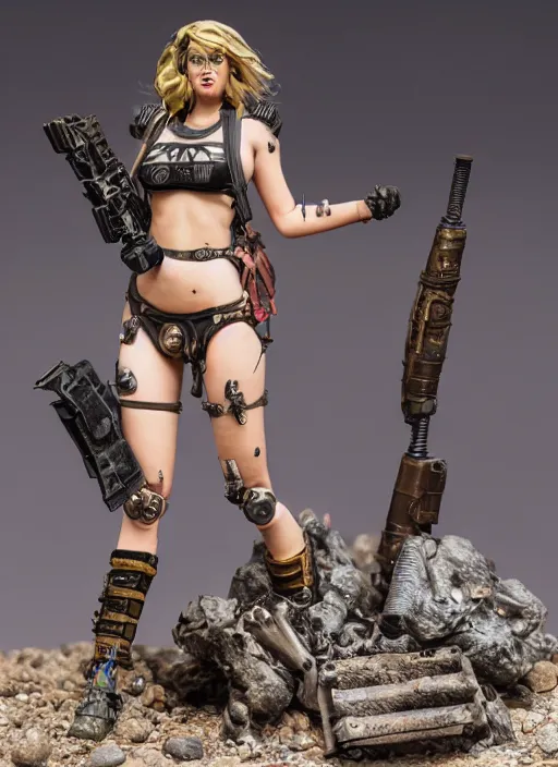 Prompt: 8 0 mm resin detailed miniature of a woman resembling kate upton as a post - apocalyptic warrior girl with tattoos, tribal face paint, bikini + tattered military gear, cybernetic, broken robot girl, holding a rocket launcher, on textured base, product introduction photos, 4 k, full body