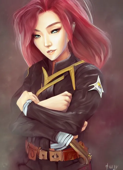 Image similar to full size persona, female sheriff, detailed face, art by huyy nguyen, demon slayer rui fanart