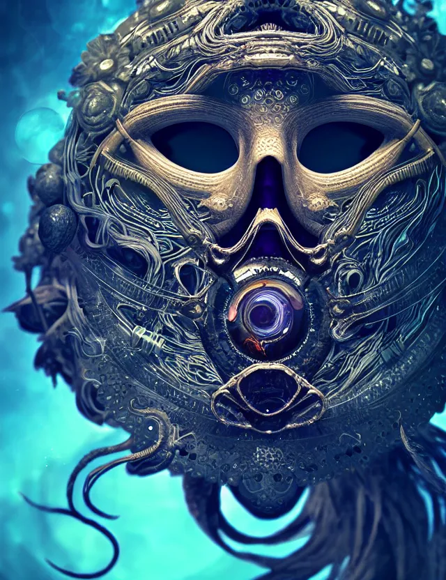 Image similar to eye of goddess macro close - up portrait with mask made of ram phoenix skull. betta fish, jellyfish, plasma, water, wind, creature, super intricate ornaments artwork by tooth wu and wlop and beeple and greg rutkowski