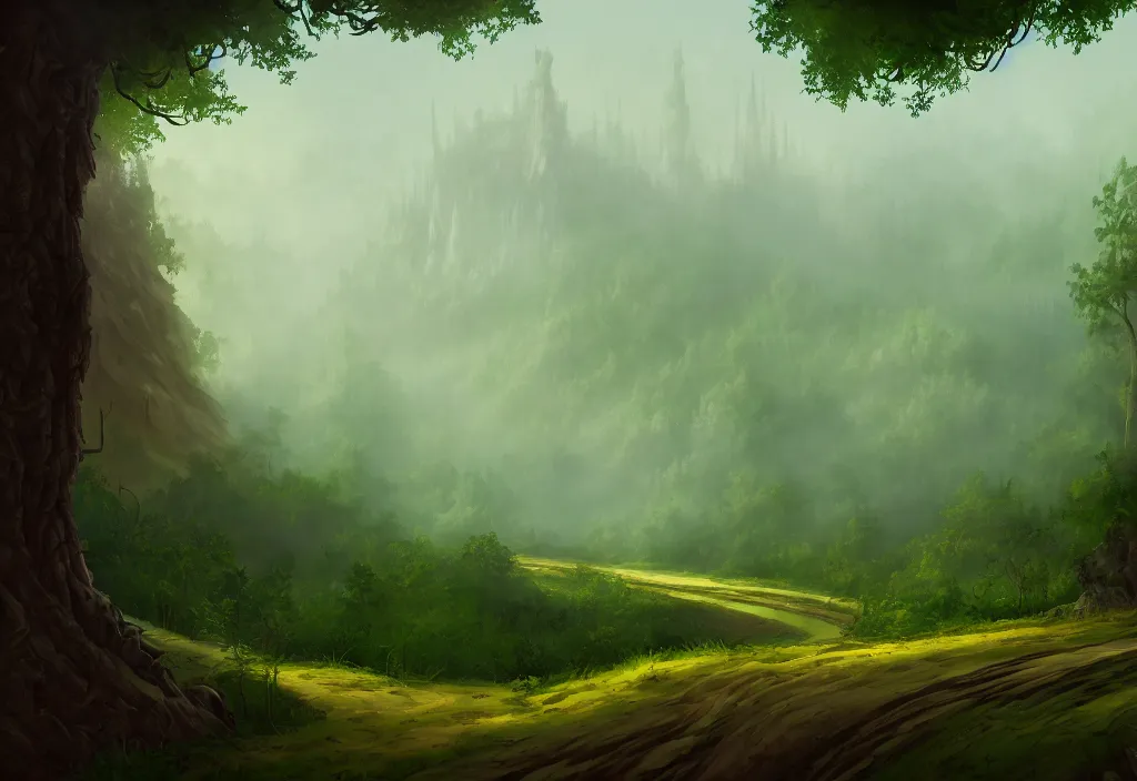 Image similar to blurry view of the background of a forest that has an endless pit in the bottom of the image, stylised painting, visible brush strokes, forest, medieval architecture, dynamic lighting, aesthetics, smooth, d & d, fantasy, asymmetrical, intricate, elegant, matte painting, illustration