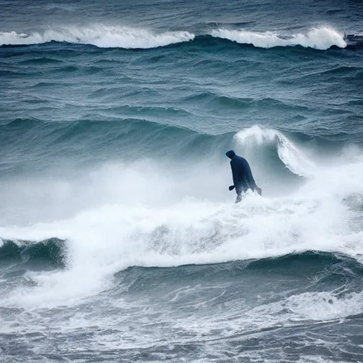 Image similar to the last man is standing hip deep in wild ocean waves