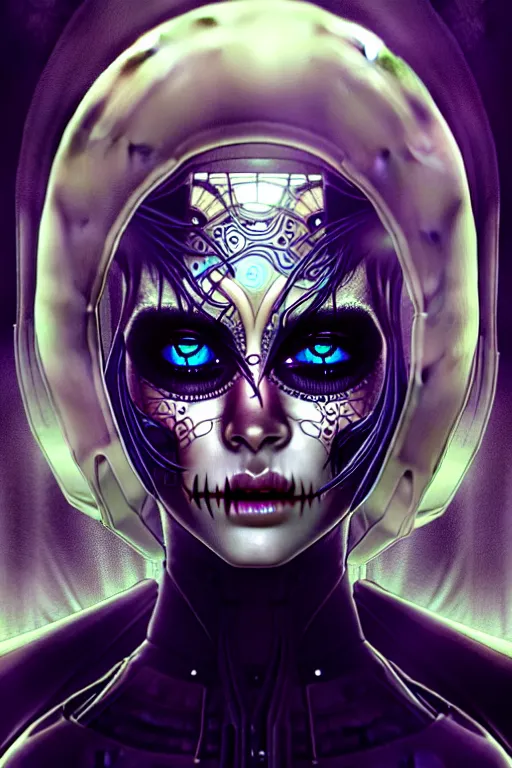 Prompt: ultra detailed portrait of a female android, eyes closed, sci - fi, moody, calm, ( dia de los muertos ), asymmetrical, intricate concept art, art by artgerm and giger and michael welan and alphonse mucha and loish and wlop