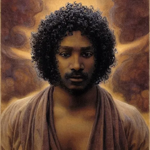 Image similar to masterpiece black man with curly hair sculpture from islamic civilization, by annie swynnerton and diego rivera and nicholas roerich and jean delville and charlie bowater, symbolist, dramatic lighting, god rays, art brut, rich colors, smooth sharp focus, extremely detailed, adolf wolfli and ( donato giancola and bilibin )