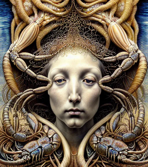 Image similar to detailed realistic beautiful crab goddess face portrait by jean delville, gustave dore, iris van herpen and marco mazzoni, art forms of nature by ernst haeckel, art nouveau, symbolist, visionary, gothic, neo - gothic, pre - raphaelite, fractal lace, intricate alien botanicals, ai biodiversity, surreality, hyperdetailed ultrasharp octane render