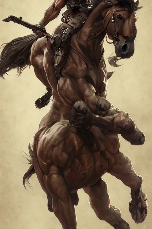 Image similar to splash art of an exaggeratedly muscular anthro horse character, wearing a tactical bodysuit, kevlar fabric, full body, highly detailed, digital painting, artstation, concept art, sharp focus, illustration, art by artgerm and greg rutkowski and alphonse mucha