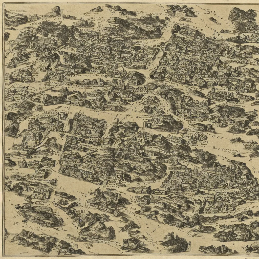 Prompt: 1 9 th century map of an ancient ruined hellenistic city. 4 k museum archival scan
