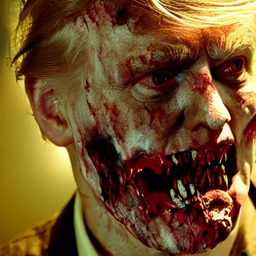 Image similar to donald trump as zombie in the walking dead. movie still. cinematic lighting