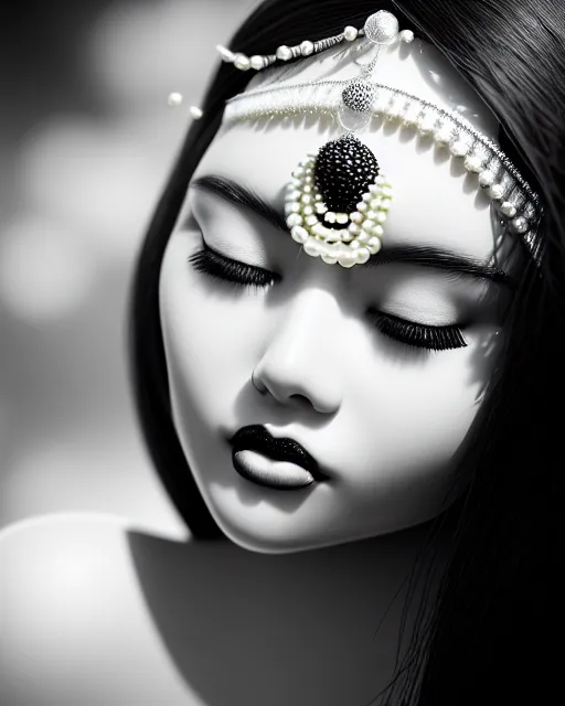 Image similar to black and white dreamy young beautiful female artificial intelligence, realistic pearl ornament in the face, long hair are intricate with highly detailed realistic pearls, cinematic, rim light, bokeh, photo - realistic, elegant, high detail, 8 k, masterpiece, photo taken in 1 9 3 0