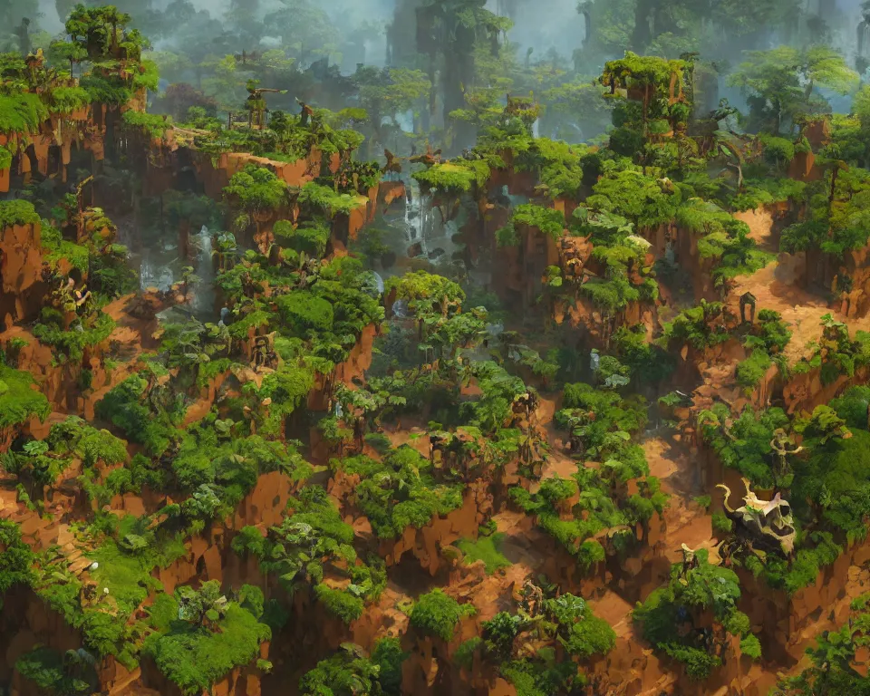 Prompt: craig mullins illustration of the beastlands, isometric, made with voxels, avatar ( 2 0 0 9 ), lush landscape, jungle landscape