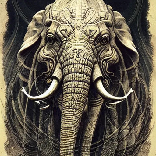 Prompt: ancient psychic tandem war elephant, by ernst haeckel, artgerm, greg rutkowski, h. r. giger and zdislaw beksinski, trending on artstation