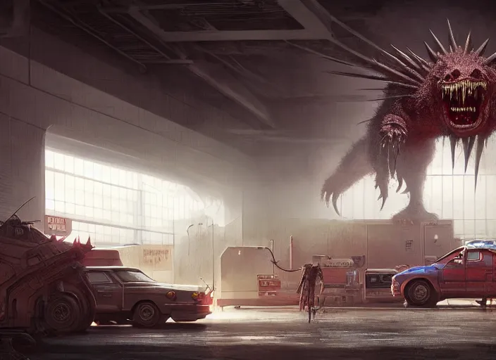 Image similar to scene inside a gas station with harsh industrial lighting, giant monstrous aggressive spiked creature screaming at the camera, epic science fiction horror digital matte painting by Moebius and Mark Brooks (and Greg Rutkowski), extremely detailed, artstation