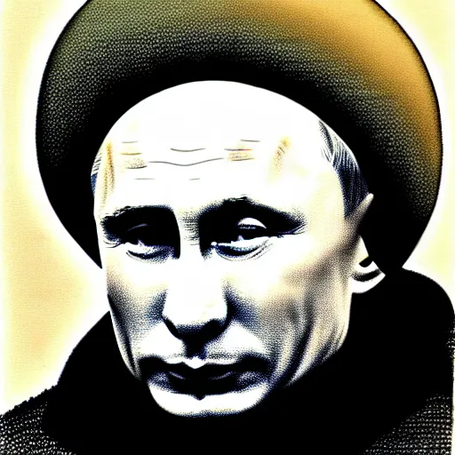 Prompt: vladimir putin with a ushanka that looks like a nuclear blast, mushroom cloud, cartoonish, ultra detailed pencil drawing