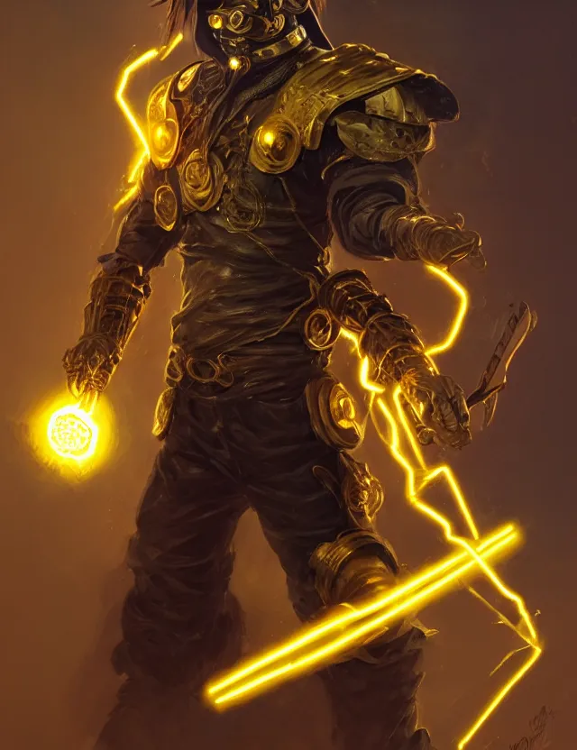 Image similar to a masked cyberpunk warrior in golden armour with a glowing golden gauntlet, surrounded by crackling golden lightning and energy, by frank fazetta and peter mohrbacher, trending on artstation, digital art, 4 k resolution, detailed, high quality, sharp focus, hq artwork, coherent, insane detail, concept art, character concept, character full body portrait