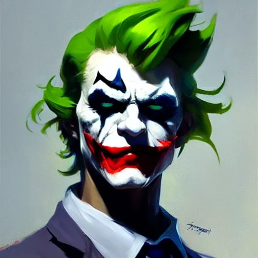 Prompt: Greg Manchess portrait painting of Joker as Overwatch character, medium shot, asymmetrical, profile picture, Organic Painting, sunny day, Matte Painting, bold shapes, hard edges, street art, trending on artstation, by Huang Guangjian and Gil Elvgren and Sachin Teng