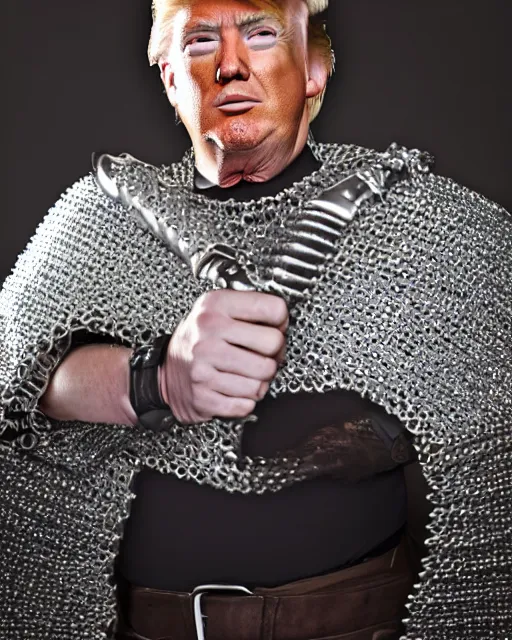 Prompt: a photo of donald trump wearing chainmail. he's holding a longsword. medium shot portrait. dslr photography