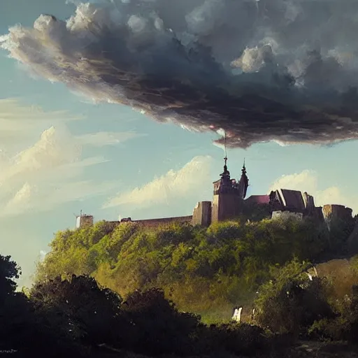 Image similar to greg rutkowski painting of an island floating in the air above a barren wasteland, on the island there is a cracow wawel castle and a lot of green vegetation, beautiful, detailed