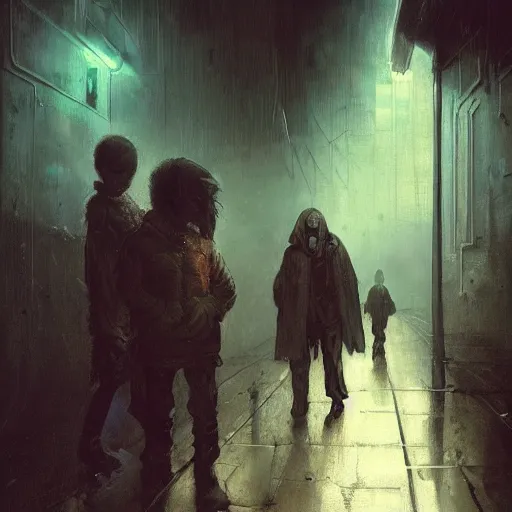 Prompt: dark alley full of homeless children being questioned by a futuristic cop, somber, by beksinski and jeremy mann and alphonse mucha and stan lee, fantasy art, photo realistic, dynamic lighting, artstation, poster, volumetric lighting, very detailed faces, award winning