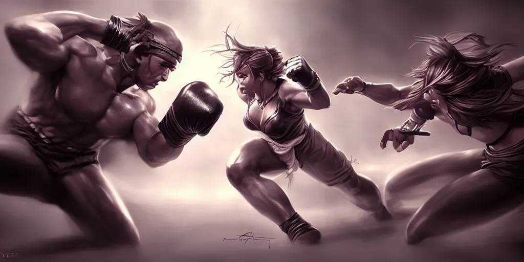 Prompt: hyper realistic fantasy fight scene, concept art, by artgerm