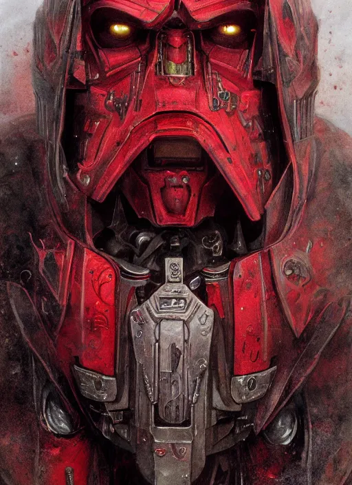 Image similar to portrait of rotten Nicolas Cage as adeptus mechanicus in red hood and robe from Warhammer 40000. Highly detailed, artstation, illustration by and John Blanche and zdislav beksinski and wayne barlowe