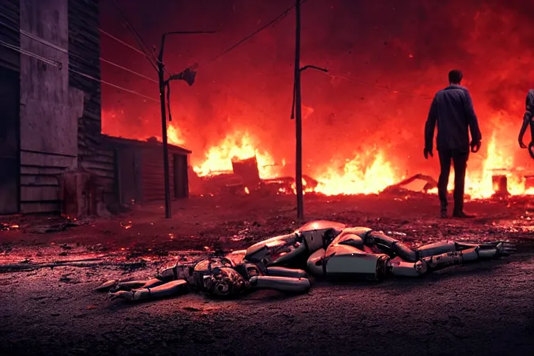 Image similar to vfx film closeup, dead robot couple on the ground holding hands, city street tire tracks fire. flat color profile low - key lighting award winning photography arri alexa cinematography, hyper real photorealistic cinematic atmospheric cool colorgrade