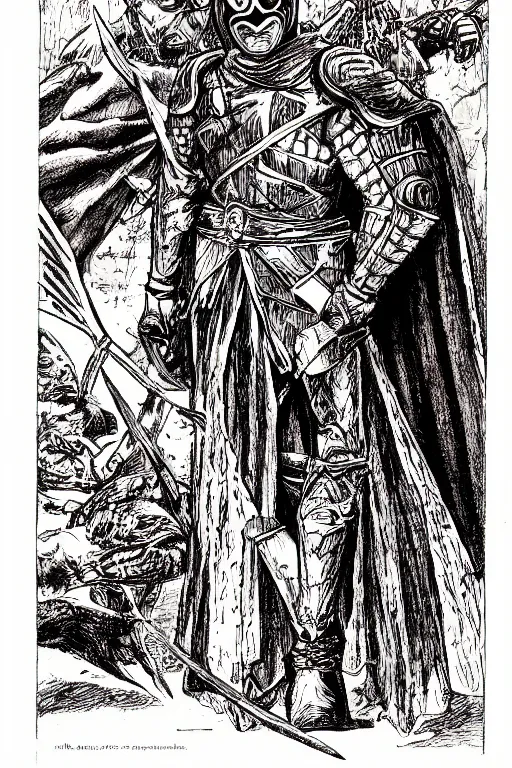 Image similar to a medieval power ranger as a d & d monster, pen - and - ink illustration, etching, by russ nicholson, david a trampier, larry elmore, 1 9 8 1, hq scan, intricate details, high contrast