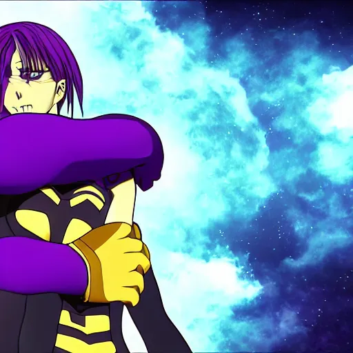 Image similar to thanos hugging his anime girl, extreme detail, epic focus, 4 k, anime style,