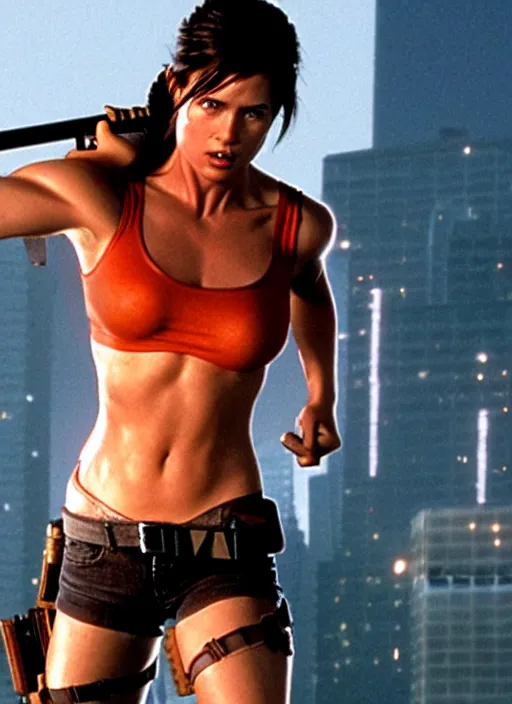 Prompt: film still of Lara Croft as John McClane in Die Hard, Thicc, Bulging chest, 4k