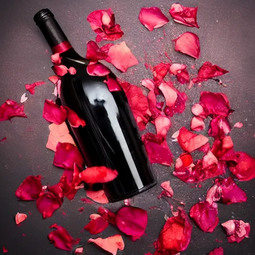 Prompt: rose petals erupting out of red wine bottle