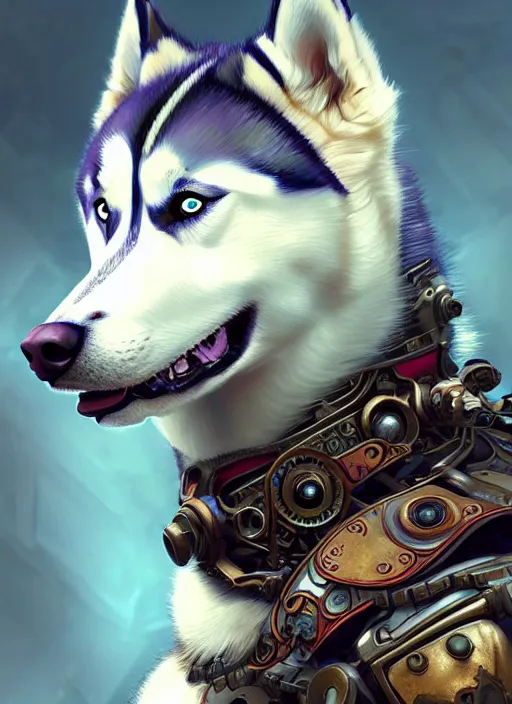 Prompt: portrait of a siberian husky, robot steampunk, floral! horizon zero dawn machine, intricate, elegant, highly detailed, ray tracing, digital painting, artstation, concept art, smooth, sharp focus, illustration, art by artgerm and greg rutkowski and alphonse mucha, 8 k