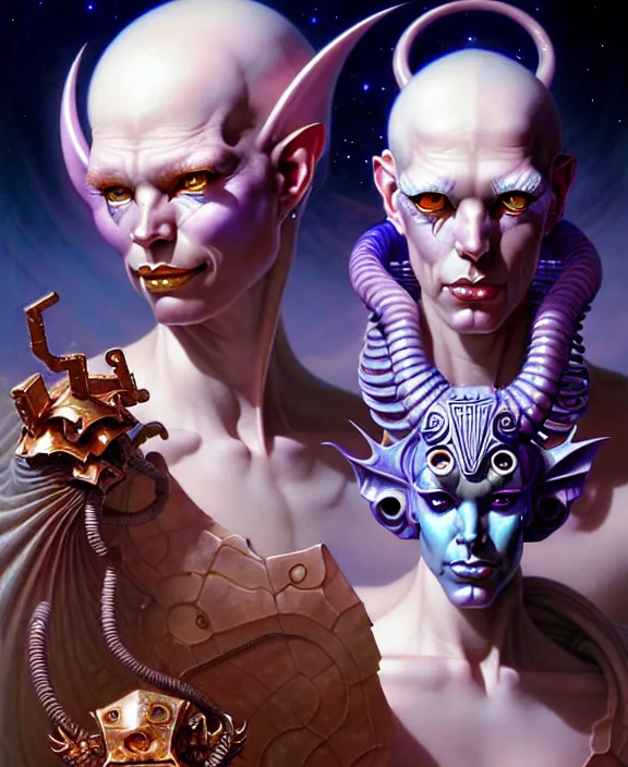 Image similar to beautiful gemini good and evil fantasy character portrait, ultra realistic, wide angle, intricate details, the fifth element artifacts, highly detailed by peter mohrbacher, hajime sorayama, wayne barlowe, boris vallejo, aaron horkey, gaston bussiere, craig mullins