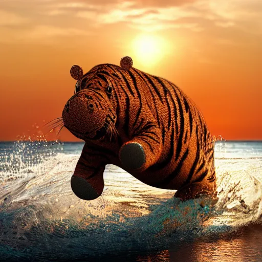 Prompt: a closeup photorealistic photograph of a cute smiling knitted tiger hippopotamus chasing a beachball during sunset. teeth exposed, surf in the background. professional capture. this 4 k hd image is trending on artstation, featured on behance, well - rendered, extra crisp, features intricate detail, epic composition and the style of unreal engine.