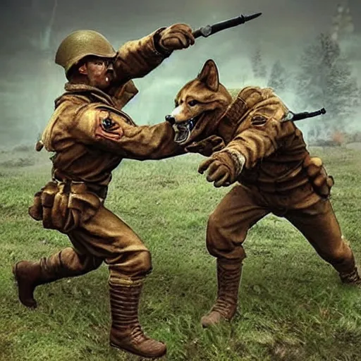 Image similar to humanoid wolves fighting in world war 2, detailed, photorealistic