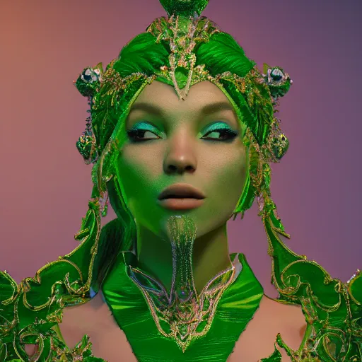 Image similar to portrait of wonderful princess of emeralds with fair skin, green flowers, ornate, 8 k, gorgeous, intricate, detailed, glowing white accent lighting, dramatic lighting, octane render