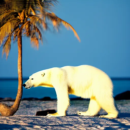 Prompt: a photo of a really skinny polar bear on a tiny pacific island, beautiful desert island with coconut trees, ultra detailed, 50mm f/1.4, national geographic