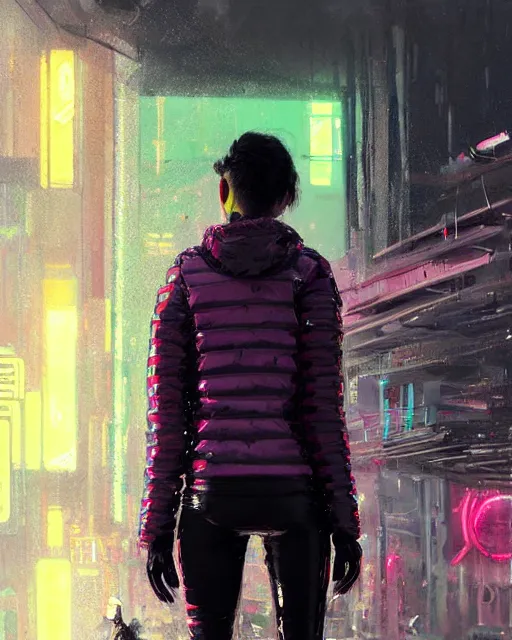 Prompt: detailed portrait Neon guard girl with short dark hair seen from the back, cyberpunk futuristic, reflective puffer jacket, black leggings, decorated with traditional ornaments in front of a dystopian crowd with piles of garbage by Ismail inceoglu dragan bibin hans thoma, Perfect face, fine details, realistic shaded, fine-face, pretty face