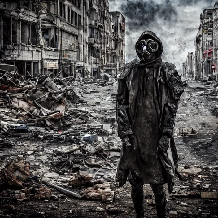 Image similar to hooded apocalyptic man in gas mask standing in street of destroyed city, hyper - detailed, smooth, sharp focus, 4 k ultra hd, fantasy dark art, apocalyptic art