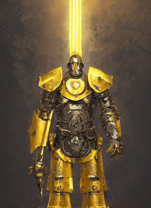 Prompt: dynamic portrait of a intricate glorious holy mechanical warforged character in yellow armor holding a paladin engraved great longsword and carrying a big paladin shield, spotlight from face , epic , trending on ArtStation, masterpiece, cinematic lighting, by Greg Rutkowski and by John Salminen and by Jackson Pollock and by Marc Simonetti